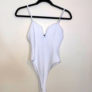 Ribbed White Deep V Bodysuit